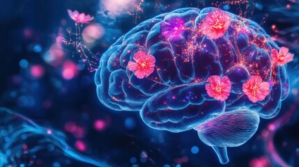 Obraz premium Cognitive growth and floral fusion brain visualization digital artwork cosmic realm