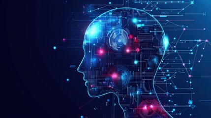 Fototapeta premium Digital Human Profile with Blue Neural Data Network