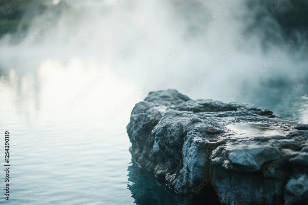 Poster serene hot spring with steam rising above rocky edges invites relaxation and tranquility at dawn. ge