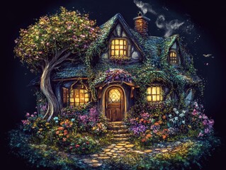 Enchanted cottage surrounded by blooming flowers on a moonlit night