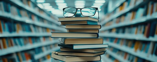 A stack of books topped with glasses sits in a library, creating a cozy atmosphere ideal for reading and studying.