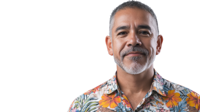 Portrait of smiling senior man with gray hair and beard wearing hawaiian shirt on transparent background