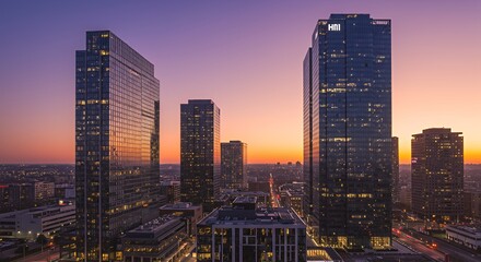 Naklejka premium Downtown City Skyline at Sunset with Modern Skyscrapers and Urban Landscape