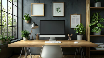 Fototapeta premium Modern home office workspace with plants, computer, and window view
