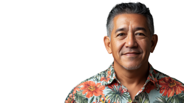 Portrait of smiling senior hispanic man wearing hawaiian shirt on transparent background
