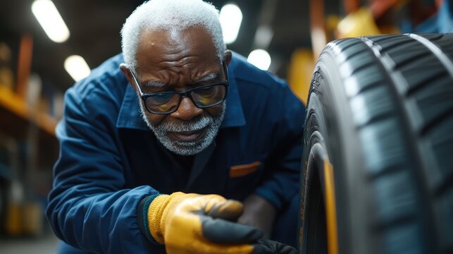 An elderly African-American man works diligently on repairing a car tire in a garage - Powered by Adobe