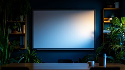 Fototapeta premium Blank whiteboard meeting room plants sunset mockup