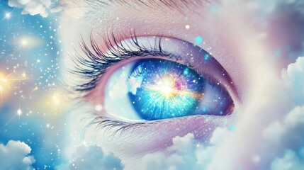 Exploring cosmic visions dreamy eye reflection cloudy skies digital art surreal close-up