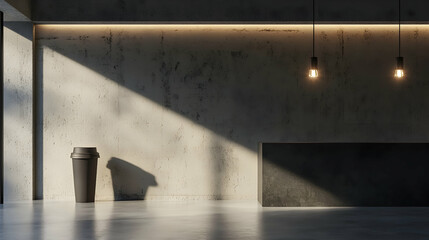 Minimalist cafe interior sunlight, concrete wall, coffee cup, reception desk, modern lighting