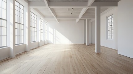 minimalist loft with white walls and wood floors 