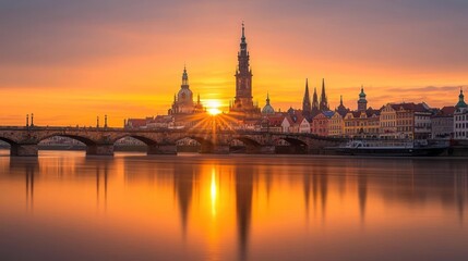 Obraz premium Golden Sunset Over German Cityscape With Bridge Reflections