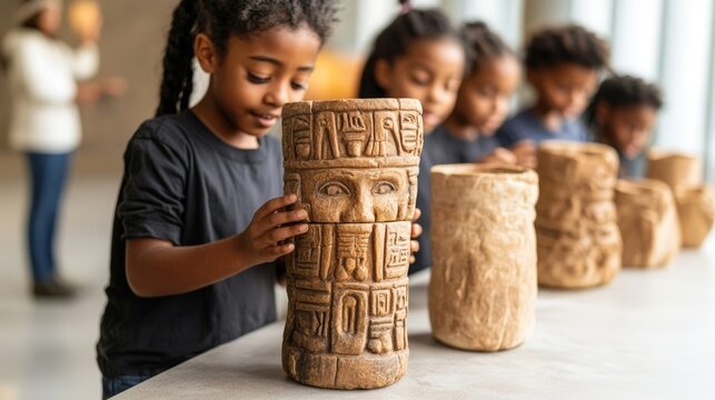 Young girl creating pottery with curious elementary students observing during an educational field trip