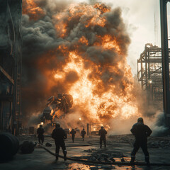 Obraz premium Industrial Machinery Malfunction Causing Explosion and Firefighting Response, Generative AI