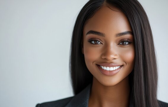 A smiling african woman in a dark business attire, exuding confidence against a white backdrop.