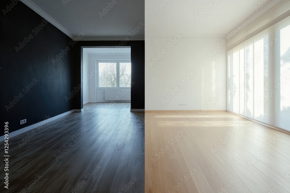 Aufkleber old dark interiors contrast with bright modern design in a renovated room showcasing transformation.