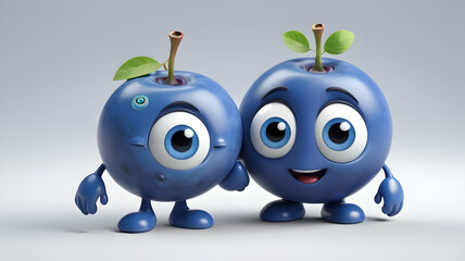 Playful blueberry cartoon characters holding hands against a light grey background; perfect for children's books or food packaging