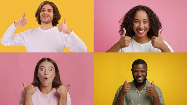 A cheerful group of four individuals gives enthusiastic thumbs up, each framed against vibrant yellow or pink backgrounds, exuding positivity and connection.