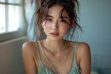 The pastel green attire emphasizes her glowing skin and gentle features, creating a calming and elegant vibe.