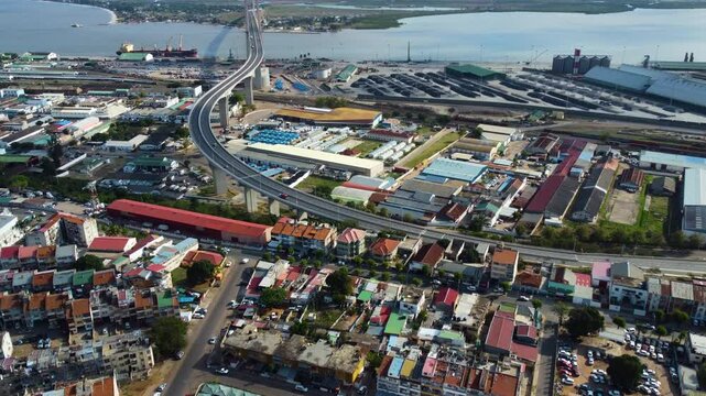 Aerial view over the city, toward the Maputo&ndash;Katembe bridge, in sunny Mozambique