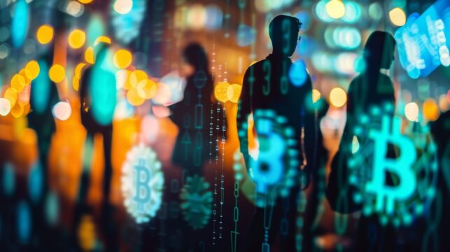 A group of silhouetted figures each holding a different cryptocurrency symbol representing the collective effort and collaboration within the crypto community.