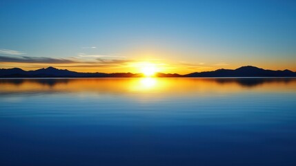 Obraz premium Serene Sunset Over Calm Water With Mountain Silhouette