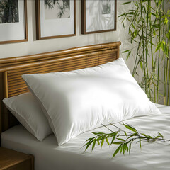 one oversized white pillow Beside the pillow are some bamboo leaves on the bed Super closeup show a sense of nature Thick and fluffy Clean White background wit