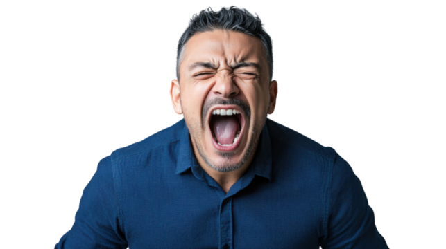 Furious man shouting with transparent background