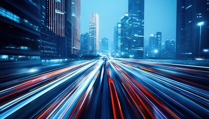 Fototapeta premium A dynamic cityscape at night, showcasing vibrant light trails from moving vehicles against a backdrop of illuminated skyscrapers.