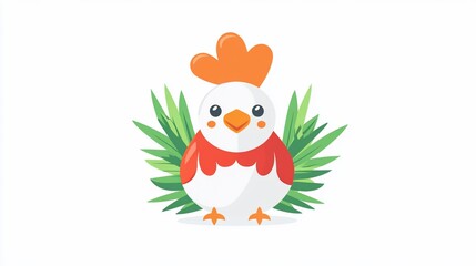 Cute cartoon rooster, green leaves, white background, farm animal, children's illustration