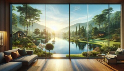 Window View Showing a Lake and Trees from Interior.
