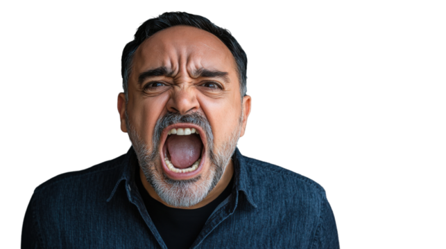 Furious man shouting with transparent background