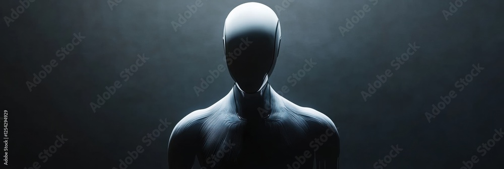 Poster minimalist glowing humanoid robot stands in darkness with a sleek design and futuristic presence. ge