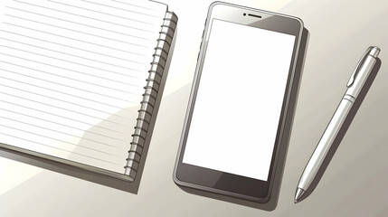 Smartphone, notepad, pen on desk; blank screen; sunlight; mockup for app design