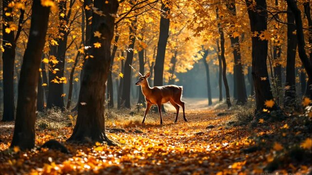 Graceful deer walking through golden autumn forest with sunlight filtering through trees. Seamless looping 4K time-lapse animation video background. Generated AI