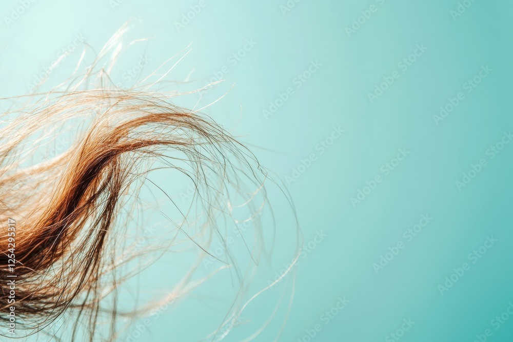 Poster close up view of a broken strand of hair highlighting texture and detail against a soft colored back