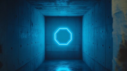 Obraz premium Octagon neon sign in blue concrete room, futuristic background, digital art