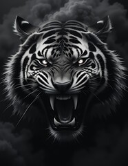 Fototapeta premium Roaring Tiger Portrait in Black and White with Intense Gaze