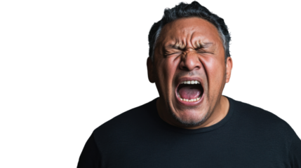 Furious man shouting with closed eyes on transparent background