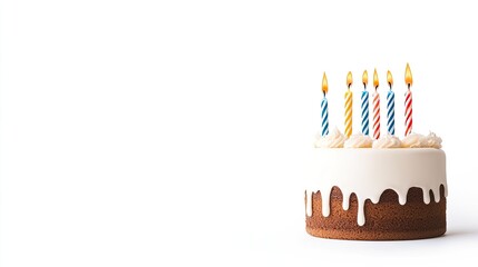 A beautifully decorated birthday cake with colorful candles, set against a plain background