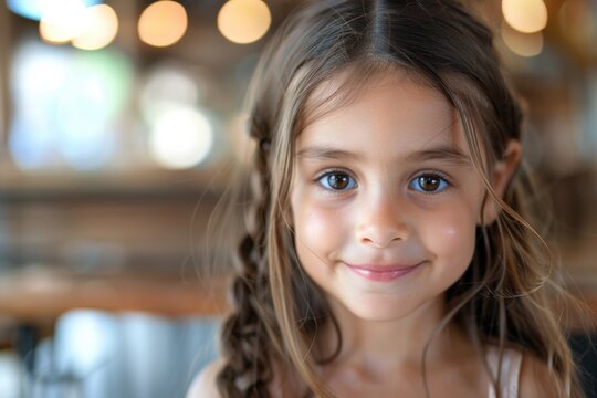 The young girl gentle smile, large eyes, and rosy cheeks add warmth and charm to the bokey and blur cozy cafe portrait background.
