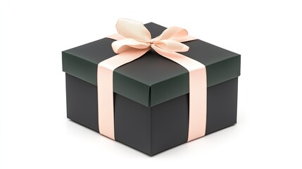 Elegant black gift box with a soft pink ribbon, set against a plain white background