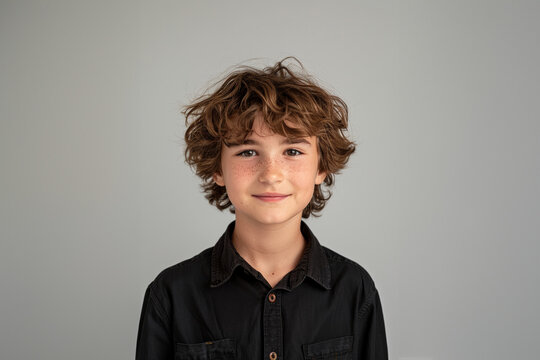 A young boy, dressed casually, smiles brightly against a neutral background, his relaxed pose and vibrant personality embodying innocence and happiness.