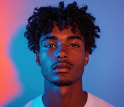 Vibrant, joyful portrait of a young black man, aged 20-40, in a colorful, radiant scene. The fantasy lighting highlights his expressive, positive energy, showcasing a lively personality.