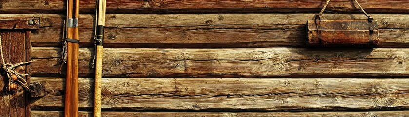 Fototapeta premium Rustic wooden wall with skis and vintage container