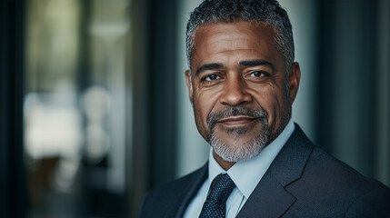 Fototapeta premium Confident African American Male Entrepreneur in a Stylish Suit Looking Professional and Successful in a Modern Business Environment with a Strong and Determined Expression
