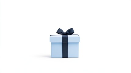 A small blue gift box with a dark ribbon sits centered against a white background, symbolizing celebration
