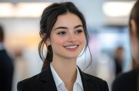 young woman with a confident smile interacts with professionals at a networking event, embodying openness and a strong networking purpose.
