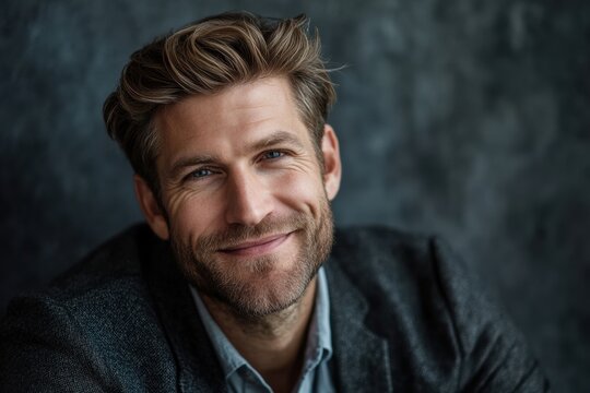 a Caucasian man, aged 30s to 50s, in minimal professional clothing, standing confidently with a relaxed, welcoming expression against a gray backdrop.