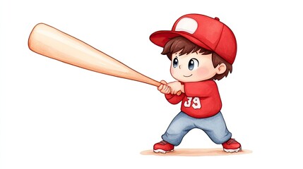 Cheerful child in red cap and shirt swinging a baseball bat, playful atmosphere, cartoon style