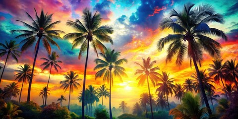 Obraz premium Escape to Tropicana's sun-drenched paradise, a surreal palm-tree dreamscape.